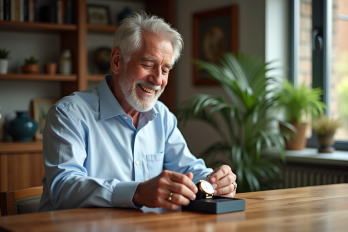 homme-retraite-joyeux-cadeau Homme retraité souriant découvrant une montre gravée
