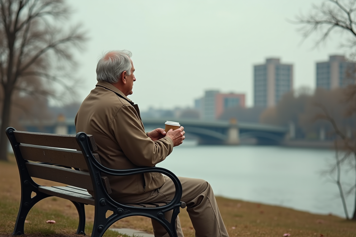 Homme retraité contemplant la ville depuis un parc