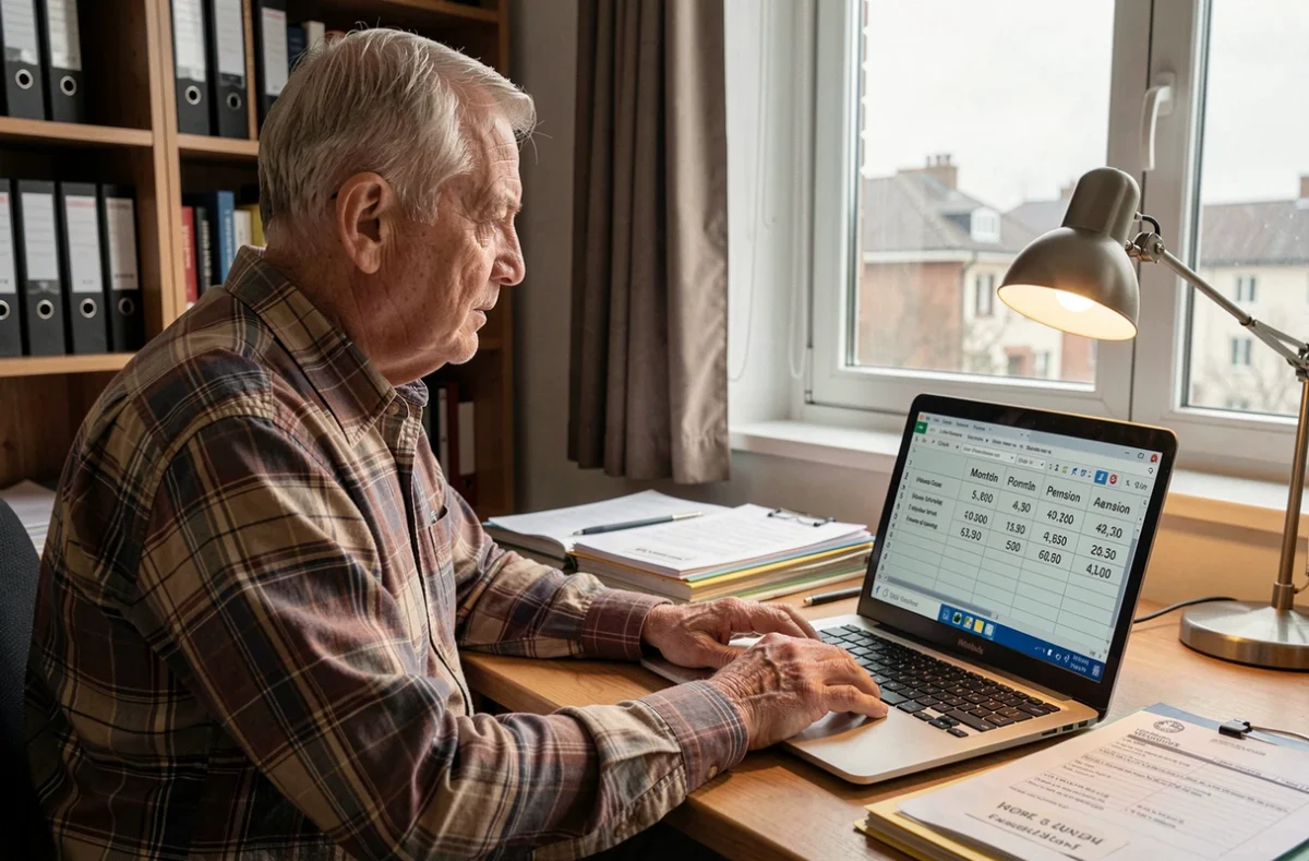 Homme retraité consultant un tableau comparatif de ses pensions mensuelles sur un ordinateur portable à son bureau