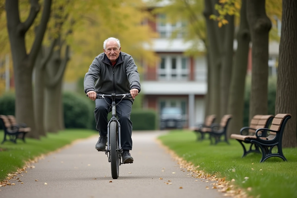 Homme retraité en vélo dans un parc résidentiel verdoyant