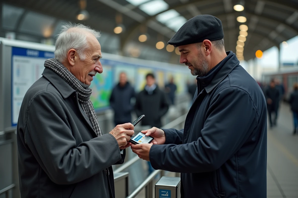 Homme senior montrant sa carte SNCF sur smartphone à un agent