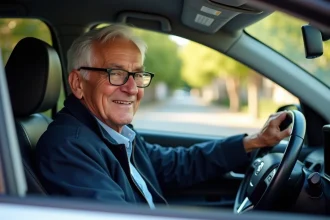 Homme senior souriant dans sa voiture moderne