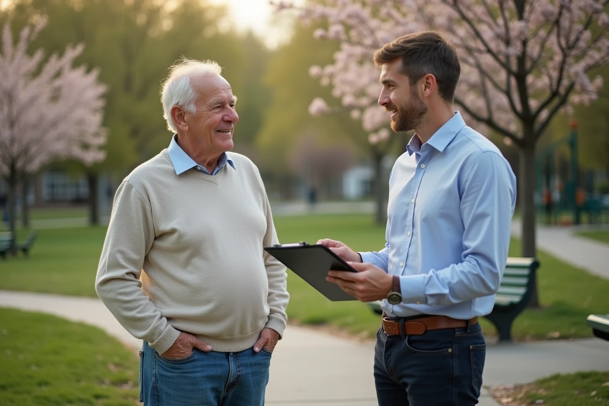 Homme âgé discutant avec un conseiller financier dans un parc