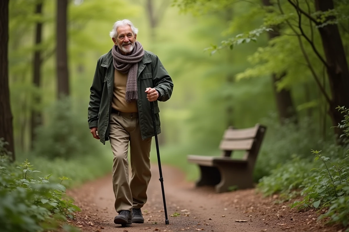 Homme senior marchant en forêt avec bâton de marche