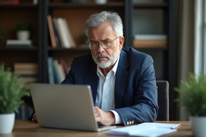 Homme senior en costume regardant l'écran d'un bureau moderne