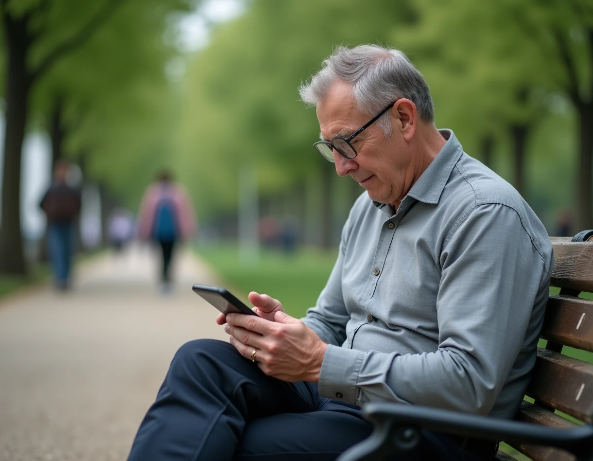 Homme senior utilisant un smartphone à grand écran et gros caractères dans un parc en ville