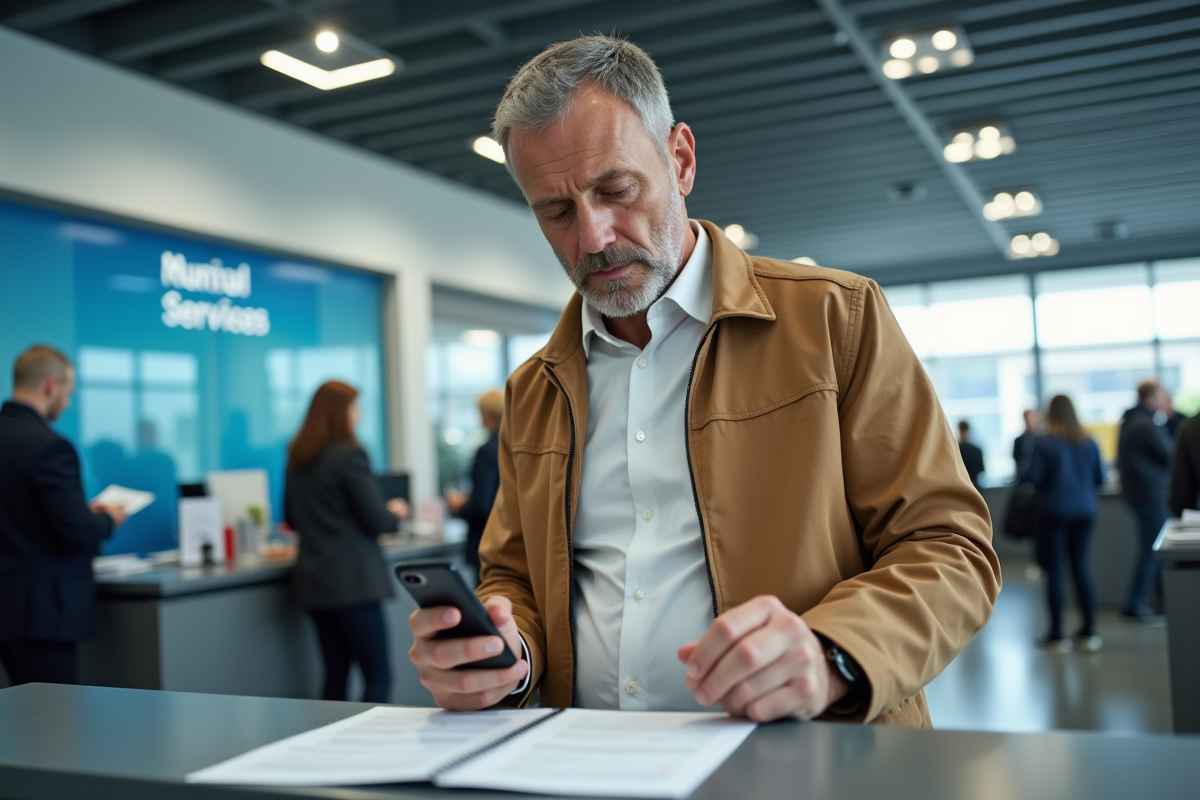 Homme examinant des papiers au guichet municipal