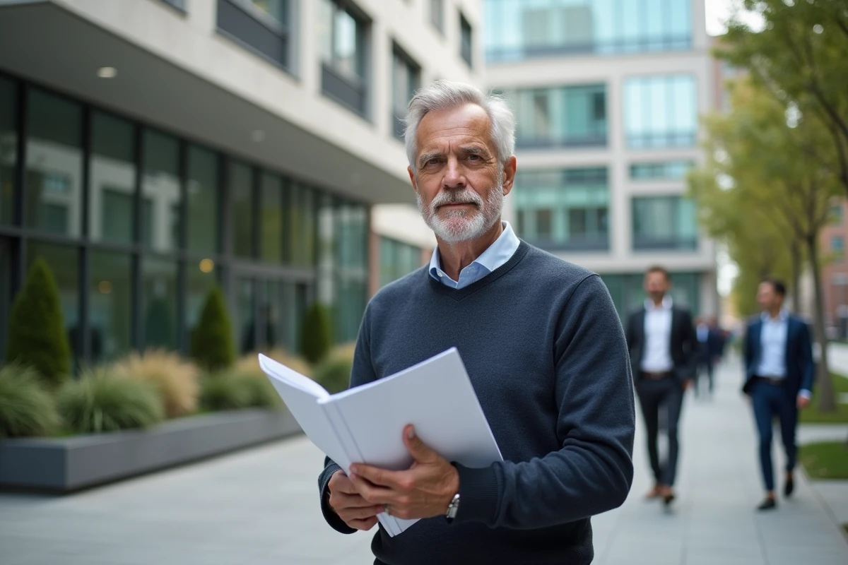 Homme d âge moyen tenant un dossier dans un environnement urbain