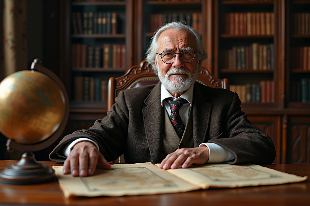 Homme age en tenue traditionnelle dans une bibliotheque ancienne