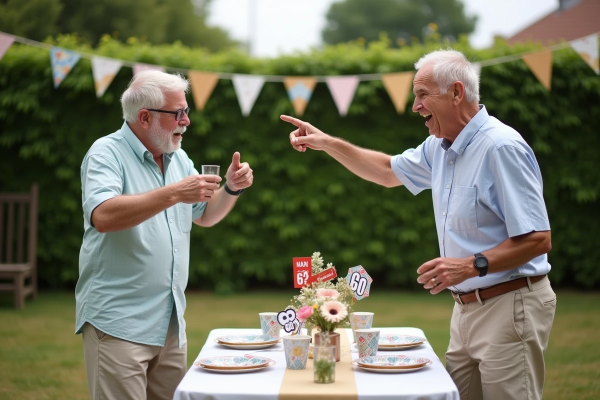 Deux hommes de 60 ans jouant aux charades lors d'une fête d'anniversaire humoristique en plein air dans un jardin