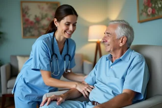 Infirmière aidant un senior souriant dans une salle moderne