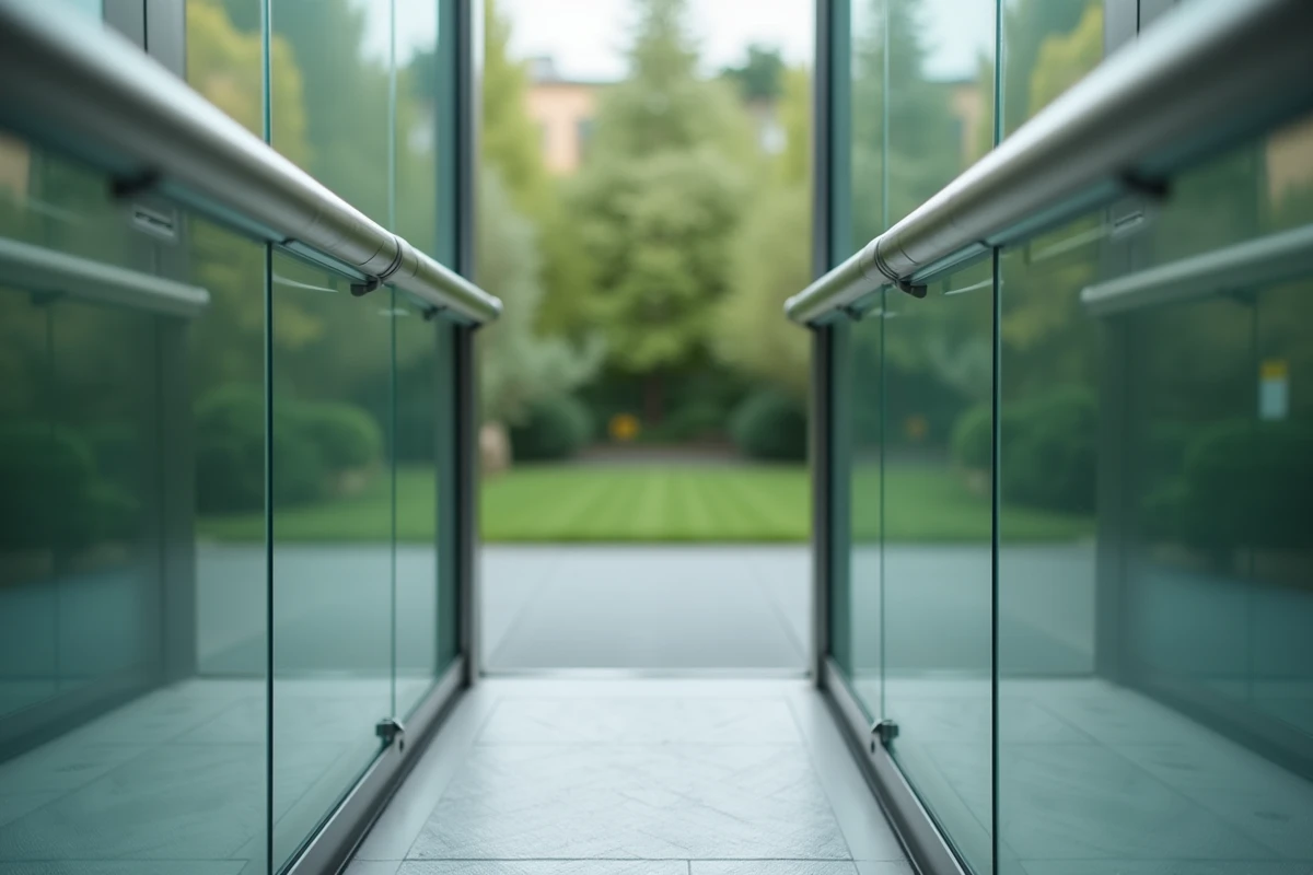 Intérieur d'un élévateur PMR en verre avec main courante en aluminium brossé et vue sur jardin