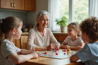 Grand-mère et petits-enfants jouant à un jeu de société intergénérationnel autour d'une table en bois dans une cuisine chaleureuse