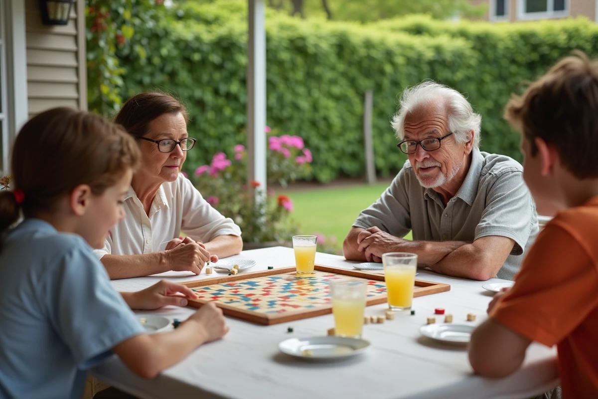 Famille intergénérationnelle jouant à un jeu de société en plein air sur une terrasse, grands-parents et petits-enfants réunis
