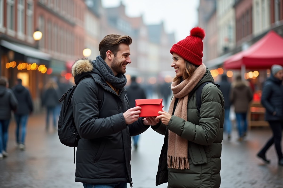 Jeune couple échangeant un cadeau dans une place belge