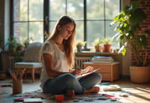 Jeune femme peignant dans un salon lumineux et cosy
