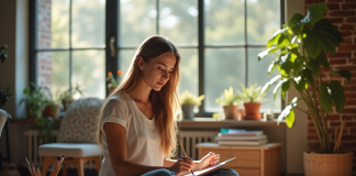 Jeune femme peignant dans un salon lumineux et cosy