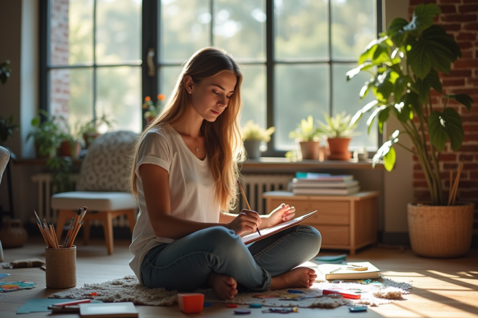 Jeune femme peignant dans un salon lumineux et cosy