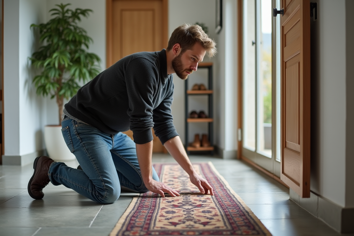 Jeune homme ajustant un tapis antidérapant dans un couloir moderne