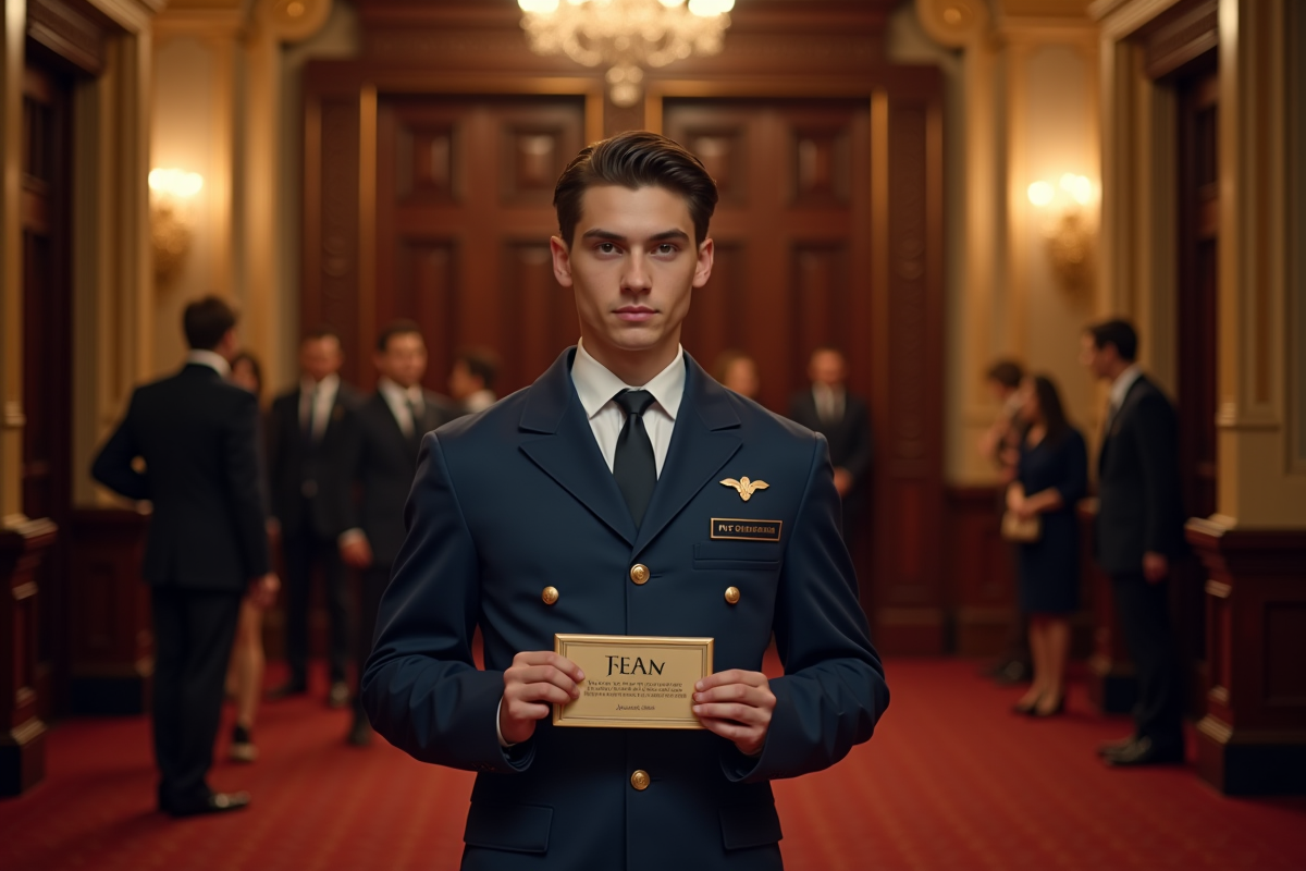 Jeune veilleur en uniforme dans le foyer du théâtre