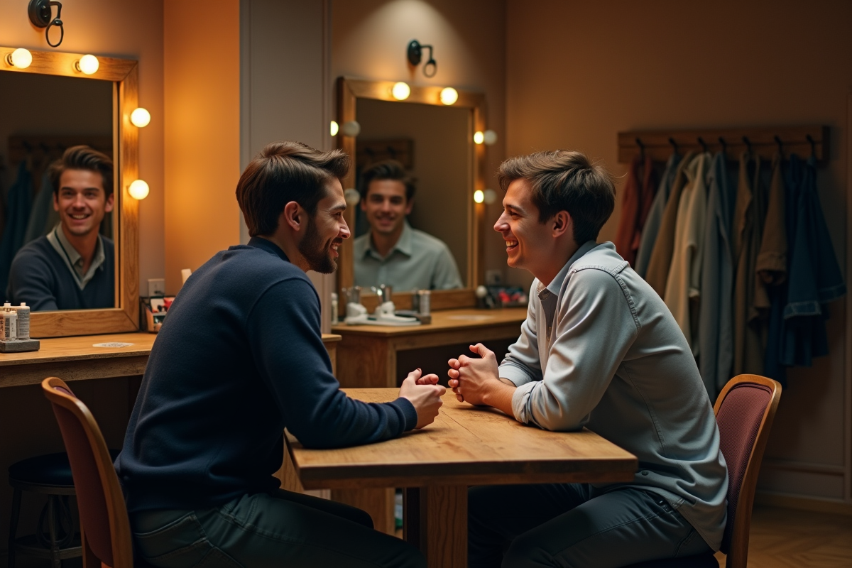 Deux jeunes hommes discutant dans une loge de théâtre backstage