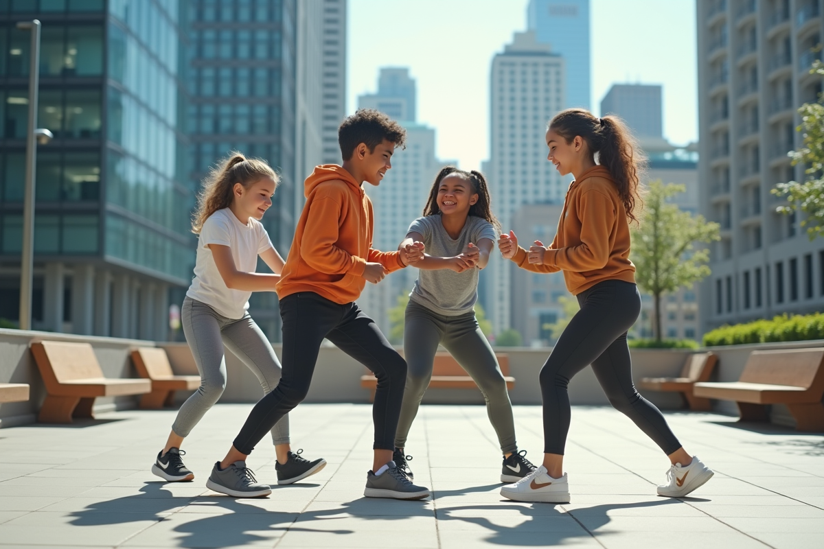 Groupe de jeunes pratiquant le hiphop en extérieur