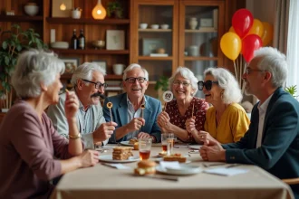 Groupe d'amis fêtant les 60 ans avec des accessoires humoristiques et des jeux de soirée festifs