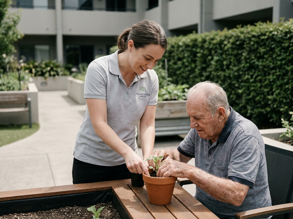Kinésithérapeute guidant un patient âgé lors d'une séance de rééducation par le jardinage thérapeutique dans un jardin de centre de rééducation