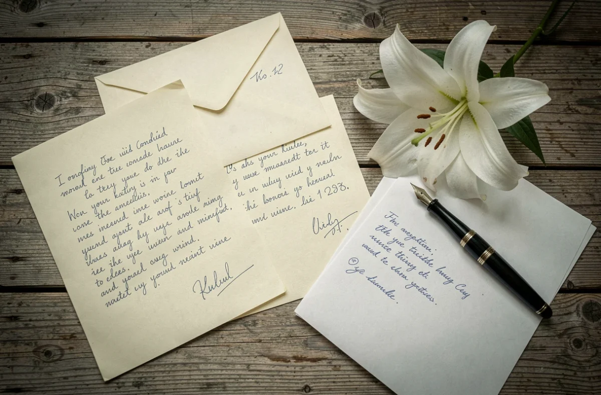 Lettres de condoléances manuscrites et enveloppes disposées sur une table en bois avec un lys blanc