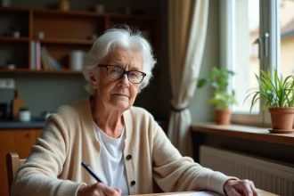 Locataire âgée de plus de 65 ans lisant un document de congé locatif à son domicile