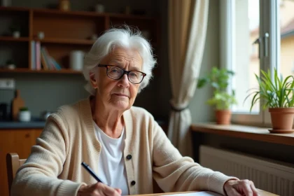 Locataire âgée de plus de 65 ans lisant un document de congé locatif à son domicile