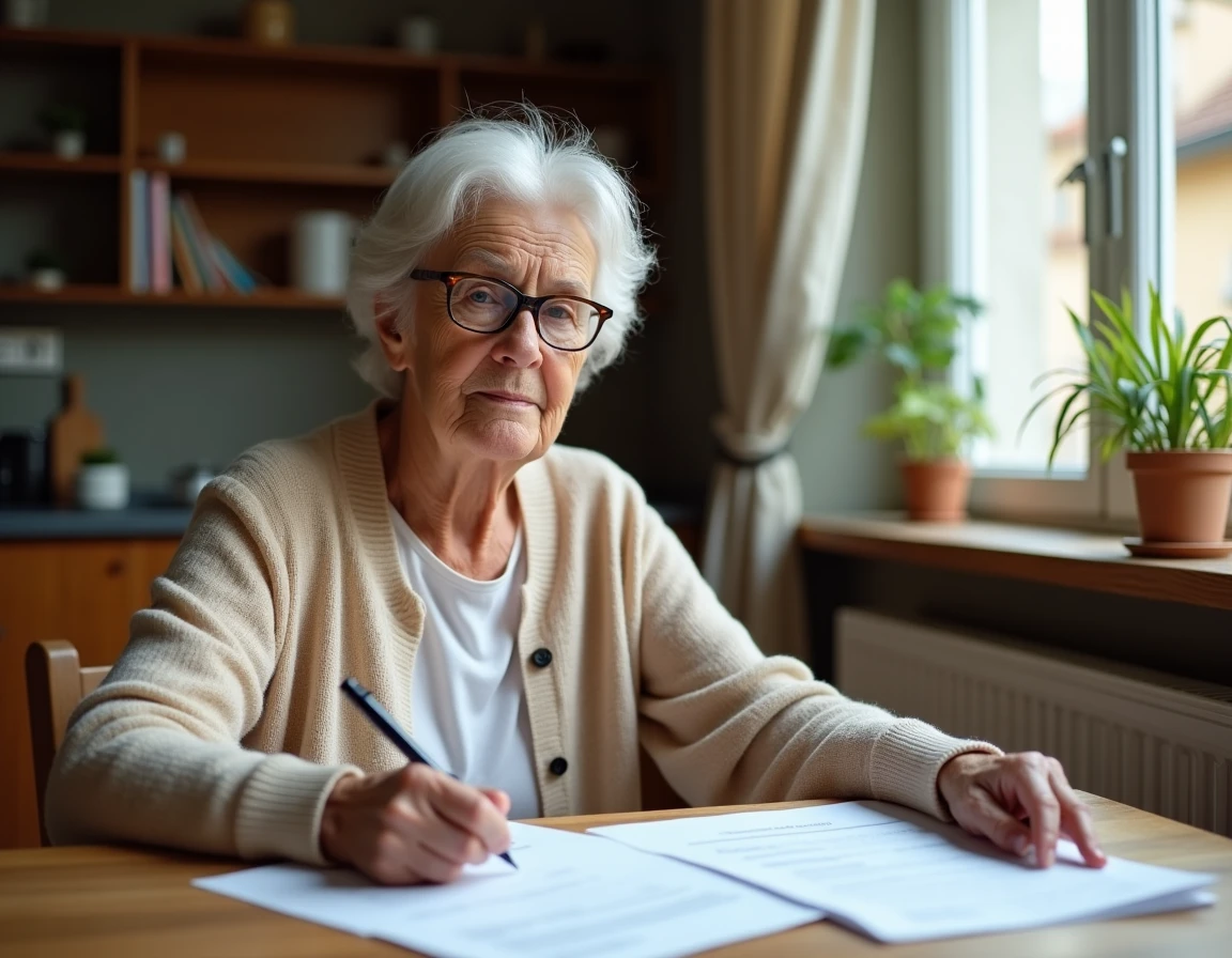 Locataire âgée de plus de 65 ans lisant un document de congé locatif à son domicile