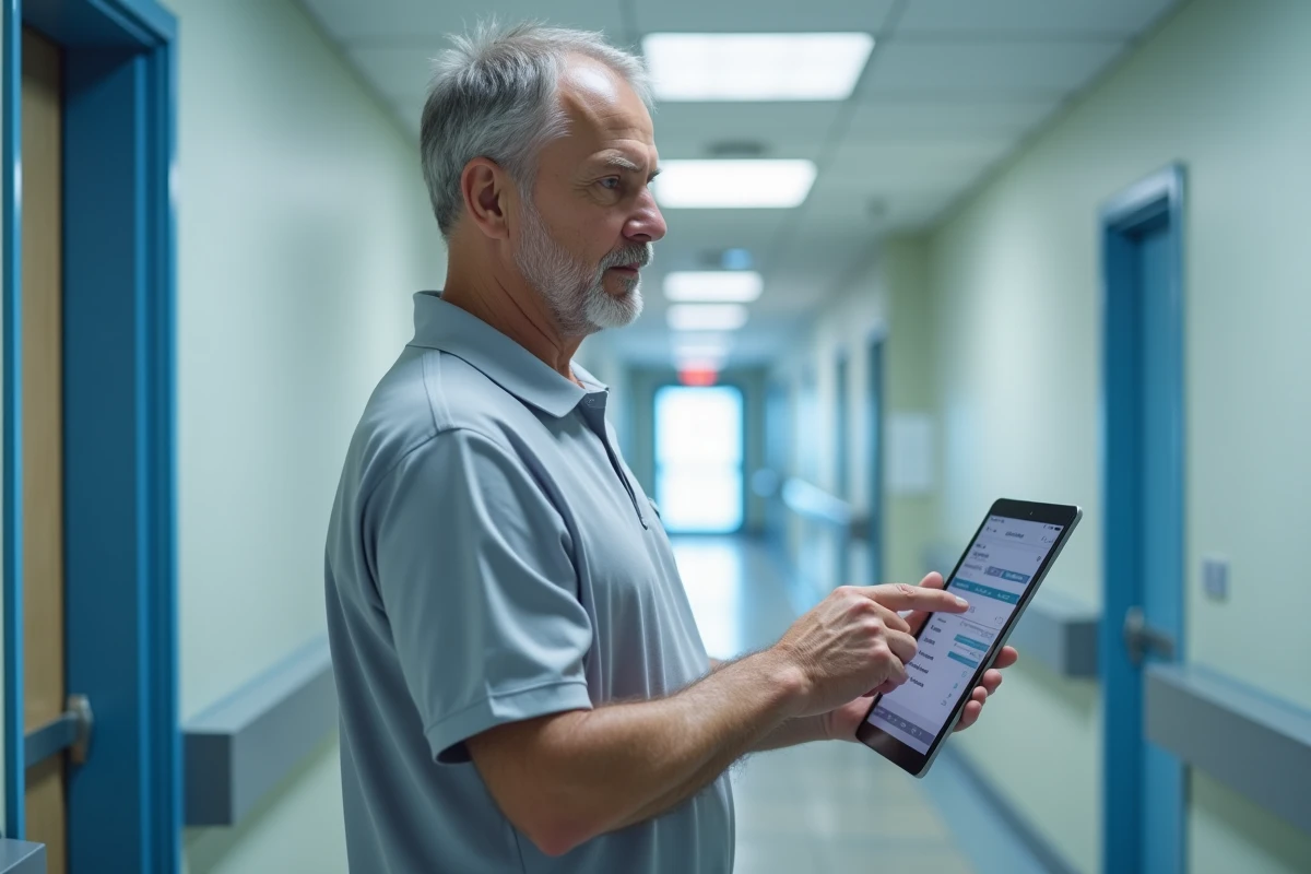 Un coordinateur d'aide à domicile consulte un logiciel de suivi numérique sur tablette dans le couloir d'un établissement médico-social