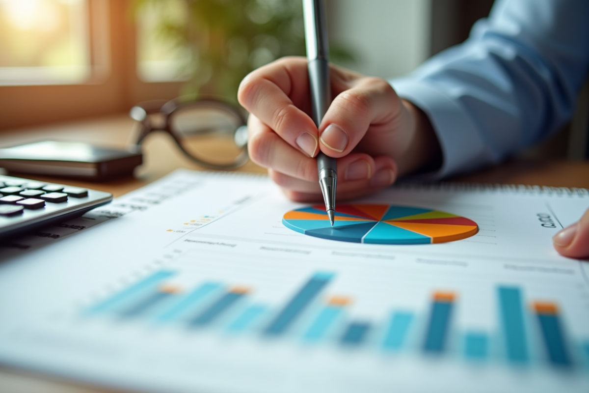 Main tenant un stylo au-dessus d un rapport financier coloré