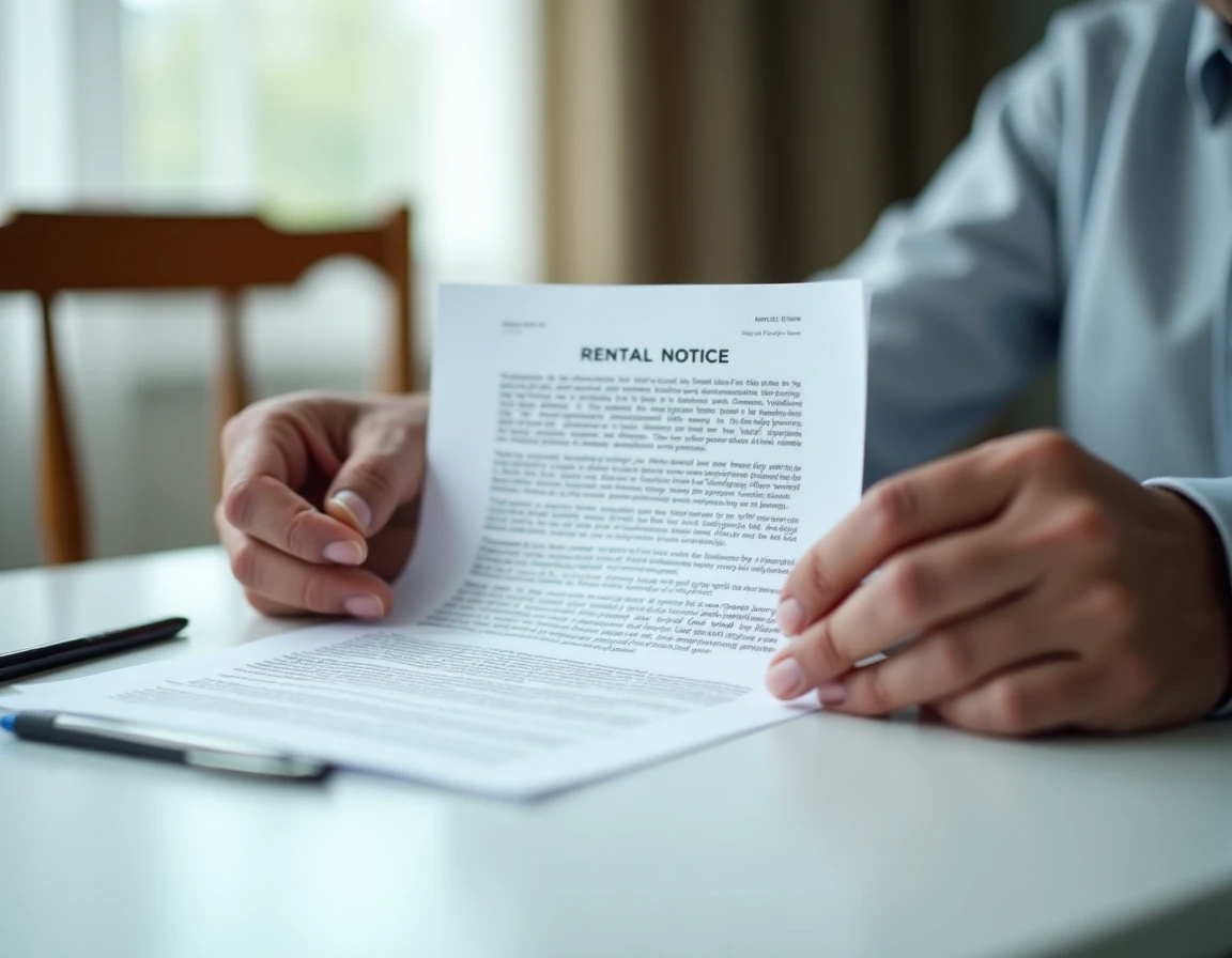 Mains d'un locataire senior tenant un courrier de congé locatif officiel