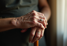 Mains ridées d'une personne âgée sur une canne en bois