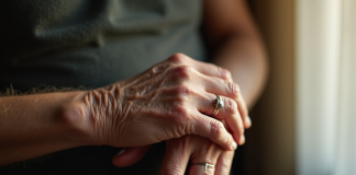Mains ridées d'une personne âgée sur une canne en bois
