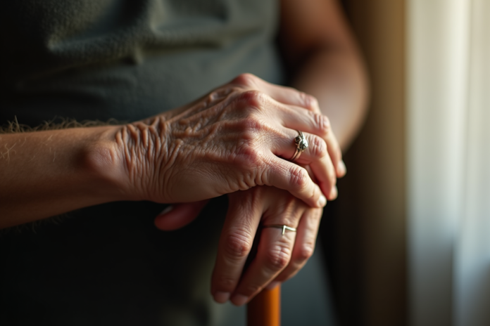 Mains ridées d'une personne âgée sur une canne en bois