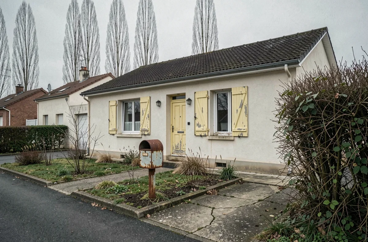 Maison de plain-pied modeste et délabrée dans une rue calme de Seine-et-Marne, volets jaunes écaillés et jardin à l'abandon, évoquant la solitude et la tragédie ordinaire