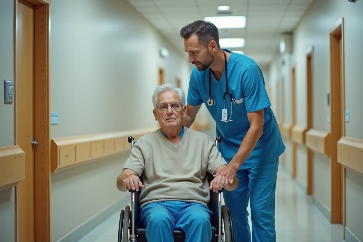Aide-soignant accompagnant un résident en fauteuil roulant dans le couloir d'une maison de retraite classique