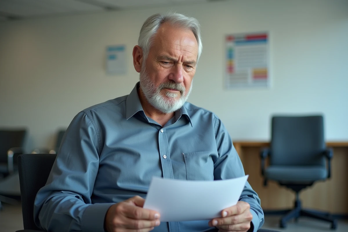 Homme âgé consultant des documents administratifs dans une salle d'attente de services sociaux, évoquant les démarches des majeurs protégés avec Mon proxima.fr