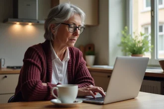 Femme adulte naviguant sur le portail Mon proxima.fr sur un ordinateur portable dans une cuisine française, illustrant l'autonomie numérique des majeurs protégés
