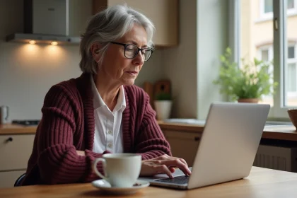Femme adulte naviguant sur le portail Mon proxima.fr sur un ordinateur portable dans une cuisine française, illustrant l'autonomie numérique des majeurs protégés