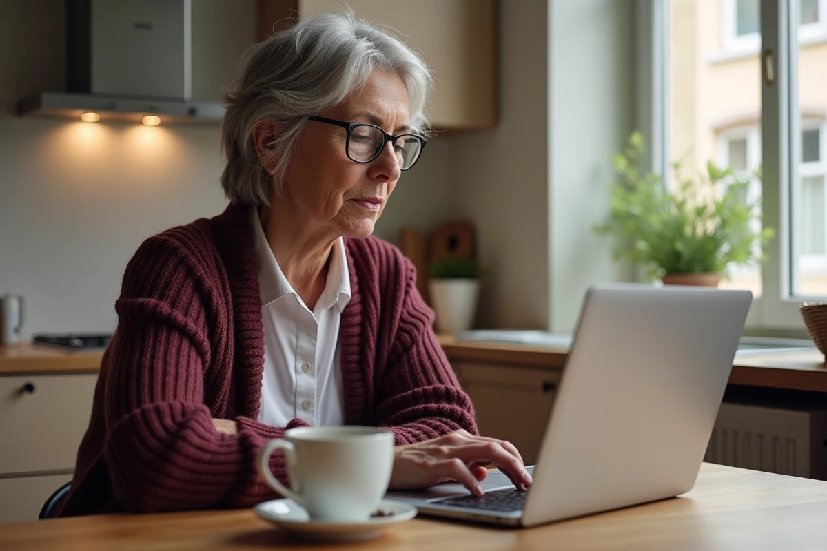 Femme adulte naviguant sur le portail Mon proxima.fr sur un ordinateur portable dans une cuisine française, illustrant l'autonomie numérique des majeurs protégés