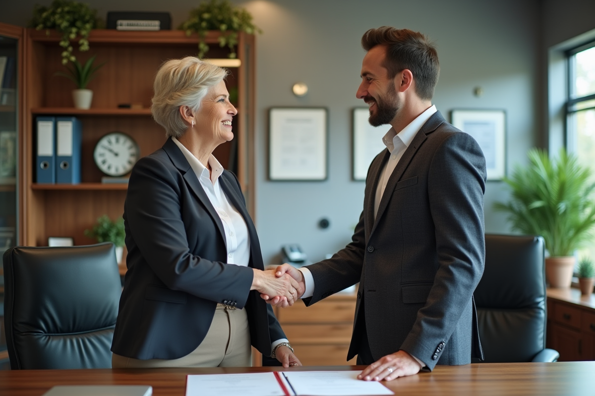 Maman et fils se serrant la main dans un bureau
