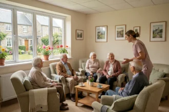 Salle commune d'un EHPAD en Finistère avec des résidents âgés et un soignant dans une ambiance chaleureuse