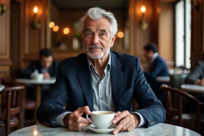 Portrait d'un homme élégant aux cheveux argentés dans une brasserie parisienne, évoquant Michel Platini dans un cadre raffiné en 2026