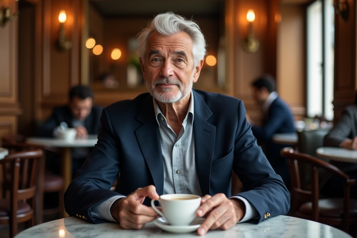 Portrait d'un homme élégant aux cheveux argentés dans une brasserie parisienne, évoquant Michel Platini dans un cadre raffiné en 2026
