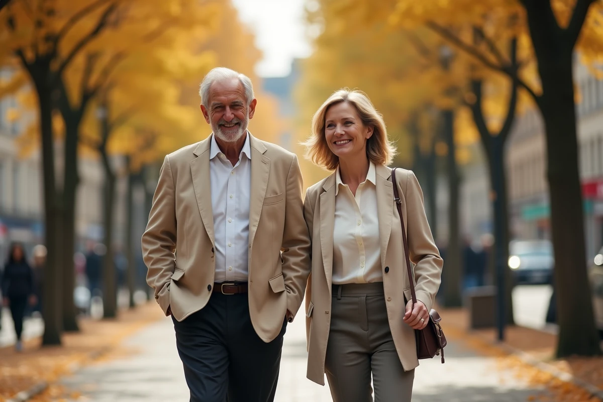Couple élégant d'âge mûr se promenant sur une avenue parisienne en automne, illustrant la vie de couple de Michel Platini et sa compagne
