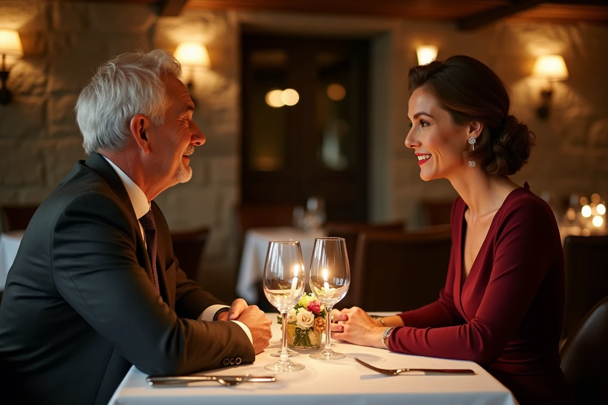 Couple distingué dînant dans un restaurant gastronomique français, illustrant la relation intime de Michel Platini et sa nouvelle compagne en 2026